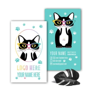 Cat with Glasses Teal Vertical Business Card